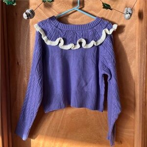 Ruffle Trim Cable Cute Knit Purple Sweater, L